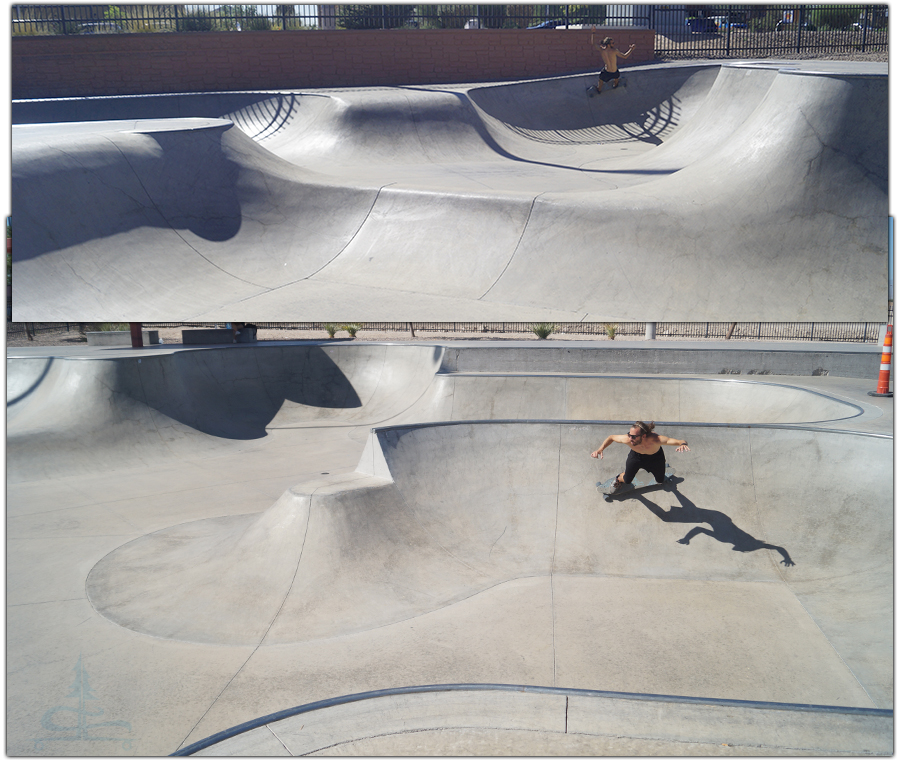 using the banked turns for speed while longboarding in a skatepark