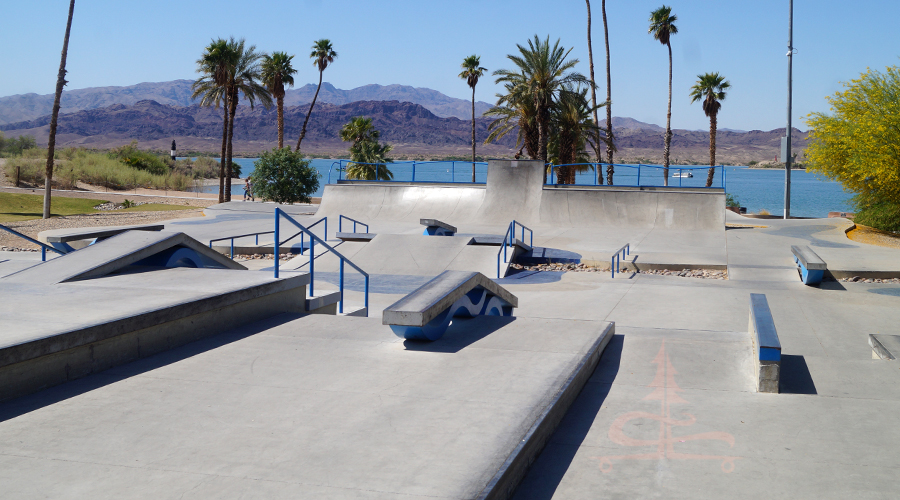 lake and mountain view from lake havasu skatepark