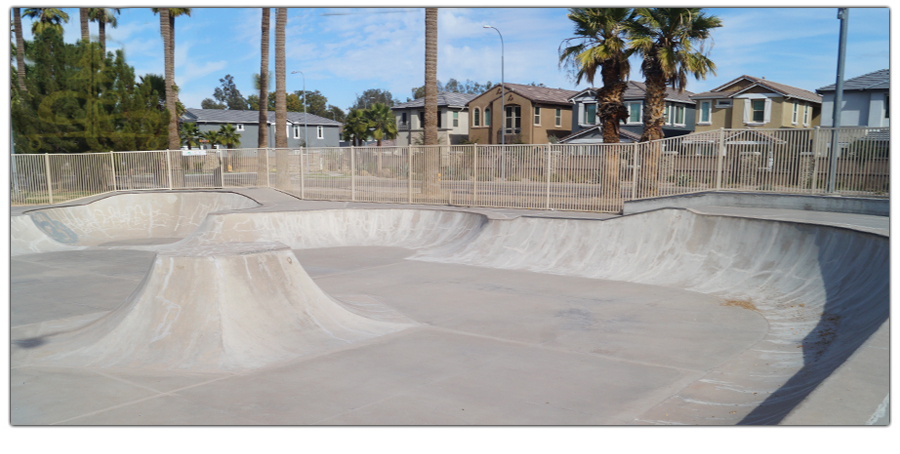 banked turns in the main bowl area of the chandler skatepark