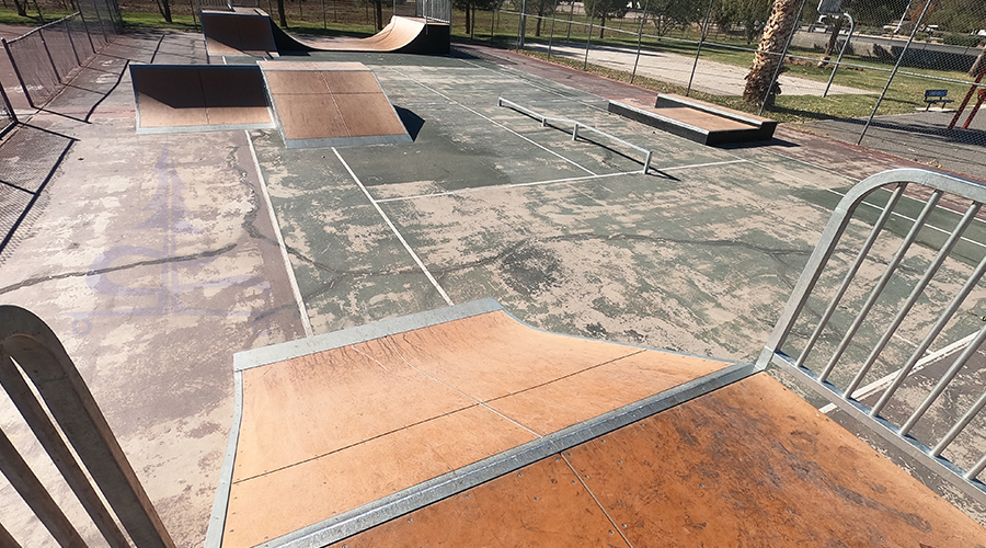view of the features and obstacles of logandale skatepark