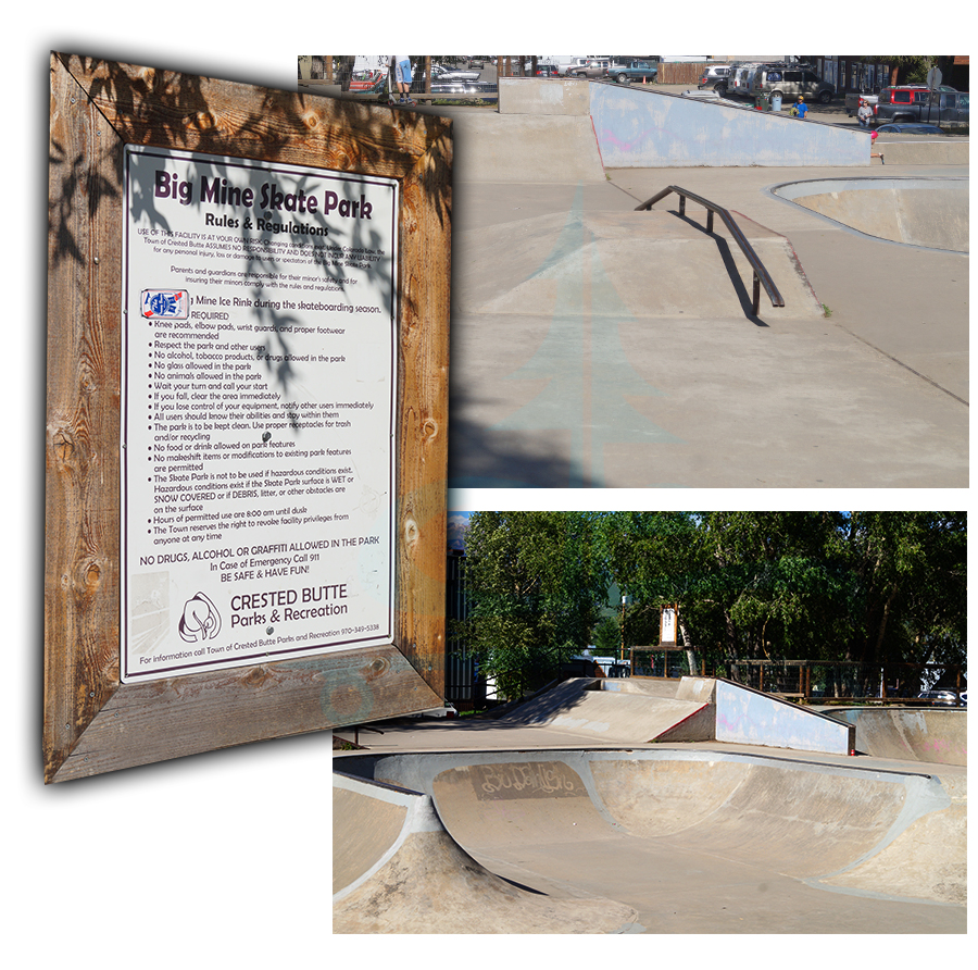 sign and obstacles at the big mine skatepark in crested butte 