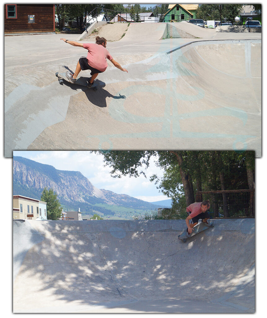 longboarding in the main bowl at the skatepark in crested butte