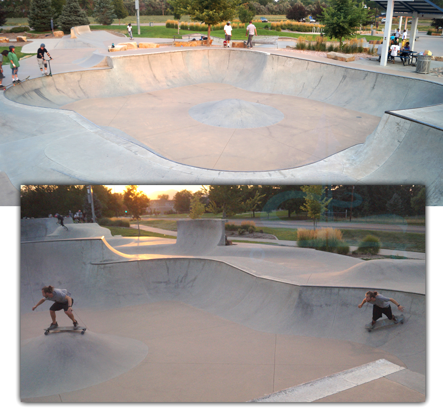 large square shaped bowl with a hump feature in the middle at the arvada skatepark
