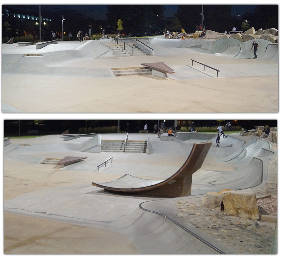 diversity of street and vert obstacles at arvada skatepark