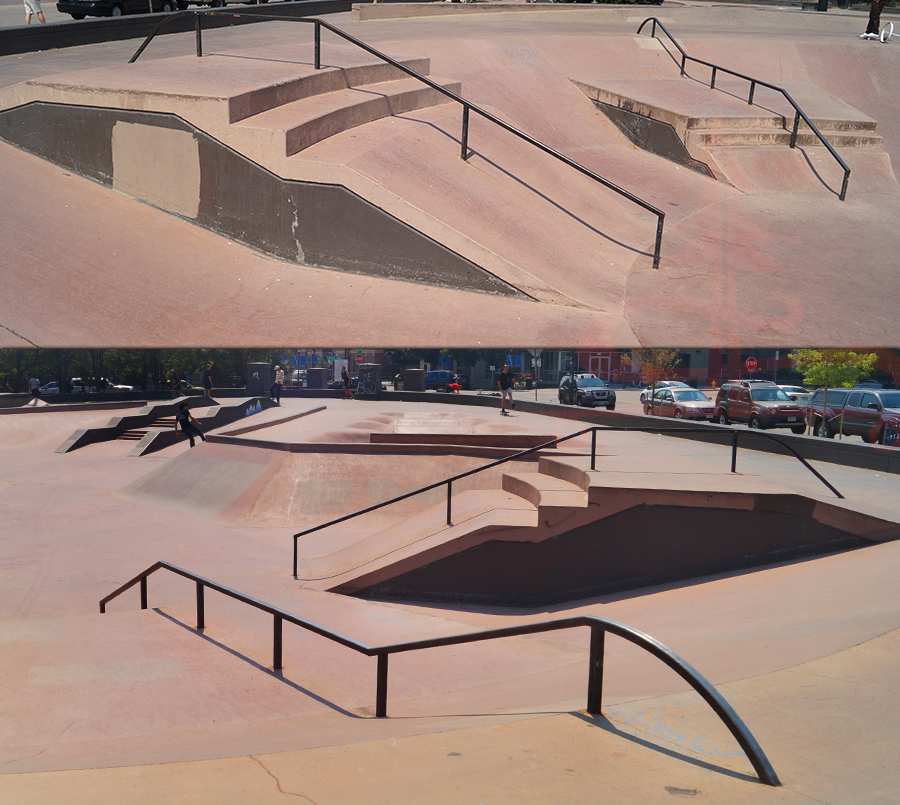 ramps, rails, stairs, and ledges in the street section at the denver skatepark