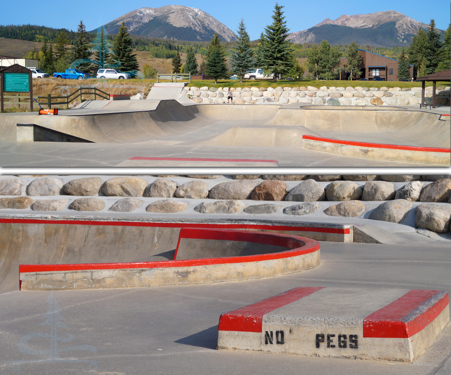 bright red accents throughout the silverthorne skatepark and an amazing backdrop