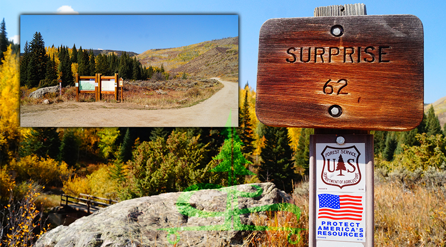 surprise lake trail parking area and trailhead signs