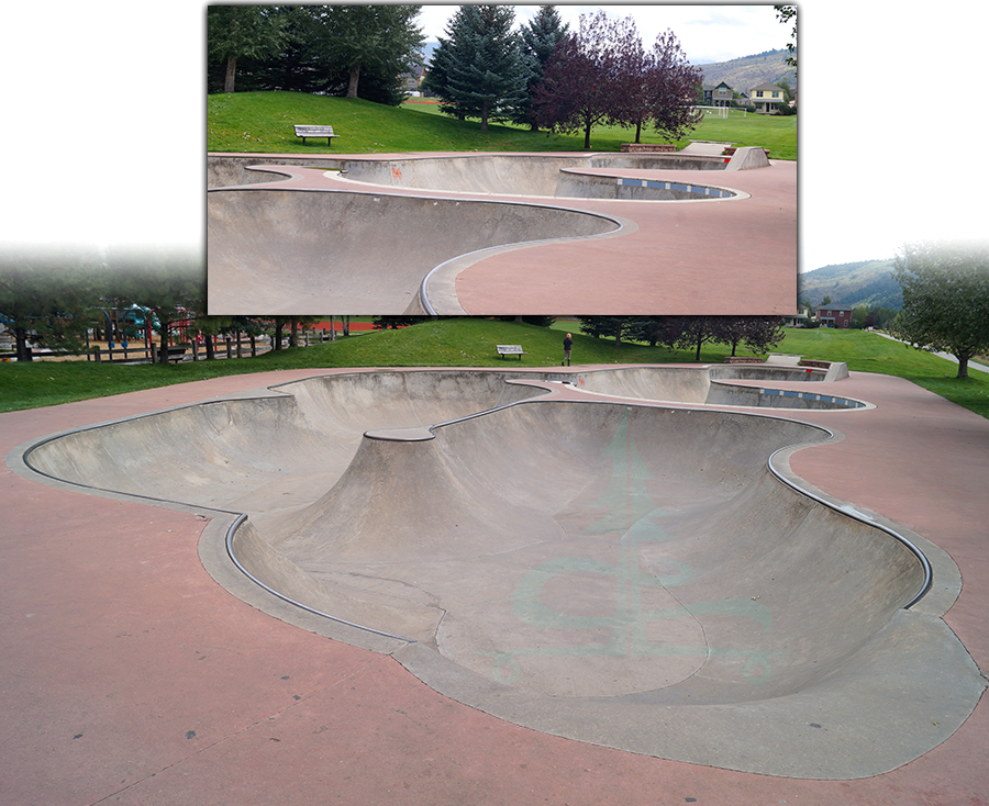 many pockets and banked turns in the vert section of the skatepark in edwards