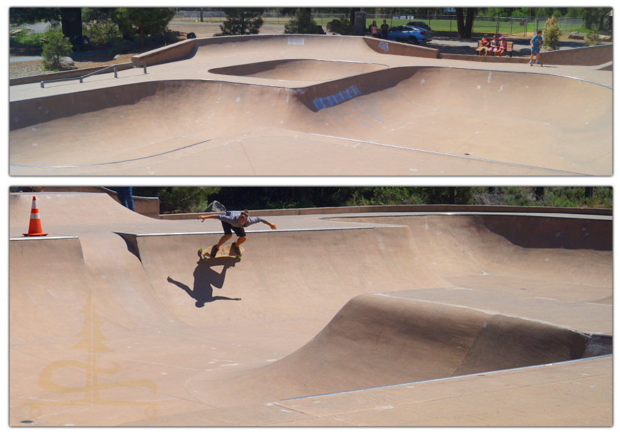 longboarding the large bowl area at Truckee Skatepark in California