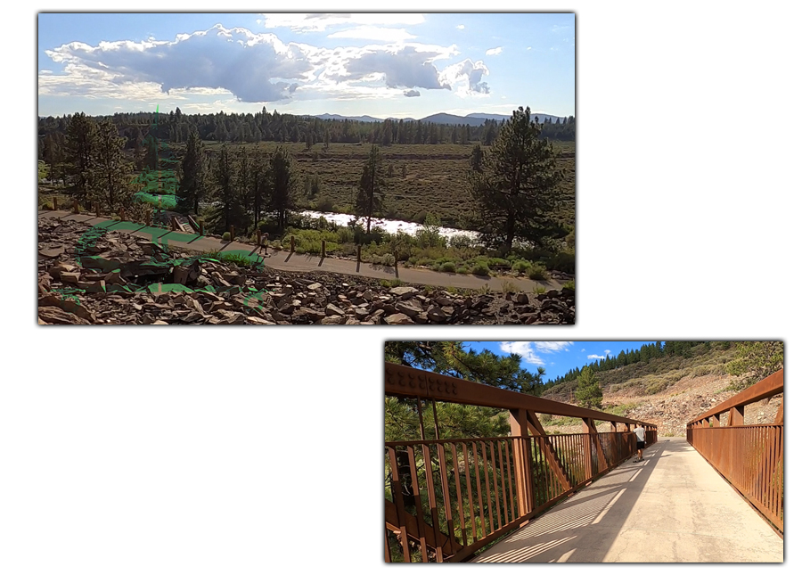 path paralleling the river and crossing a bridge over the stream