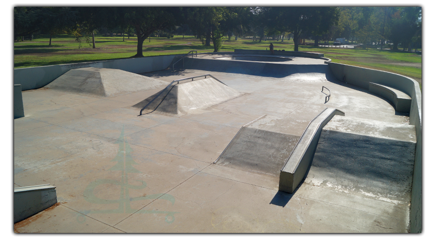 rails, boxes, ledges, pyramids at the skatepark in merced