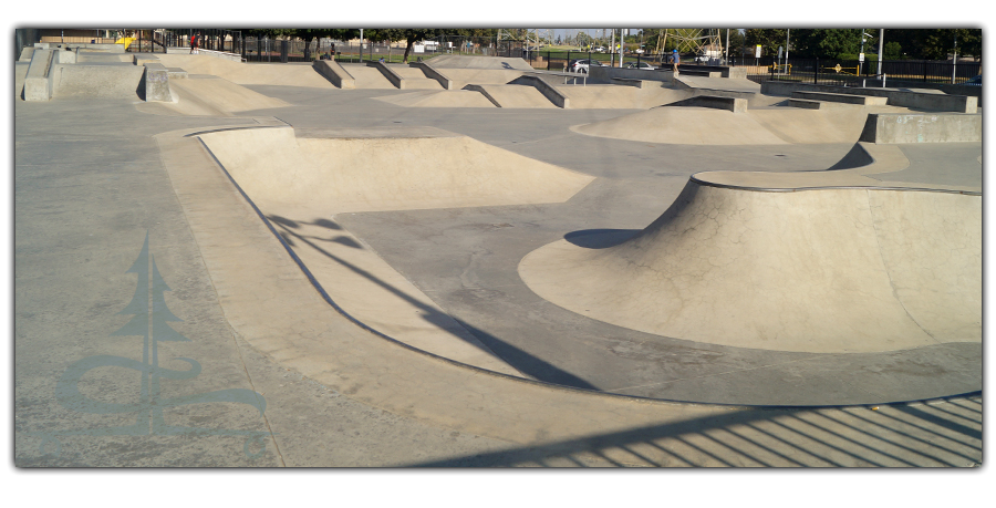 view of the angles and obstacles at the lions skatepark in fresno