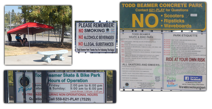 display of rules for todd beamer skatepark in fresno