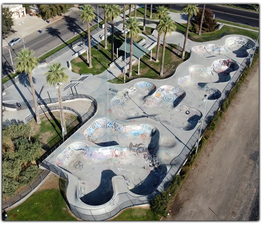 aerial view of the layout at tulare skatepark
