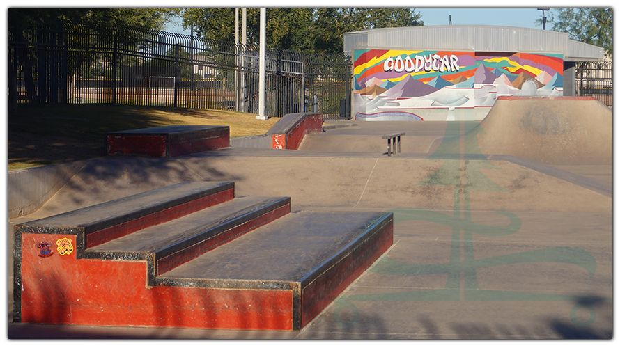 ramps, boxes, ledges and a rail at goodyear skatepark