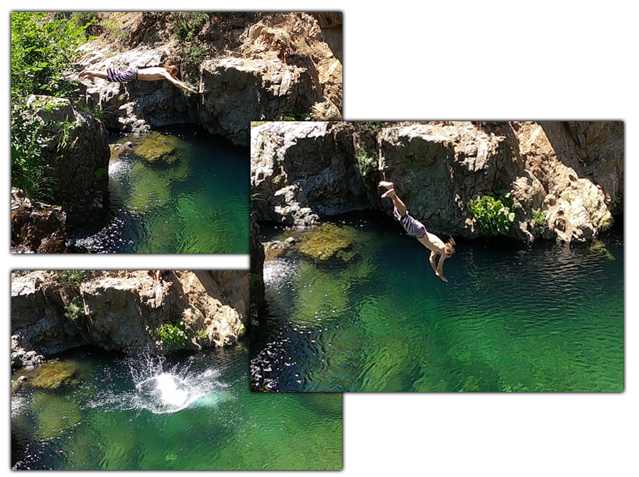 diving into lovers leap swim hole near quincy in plumas national forest
