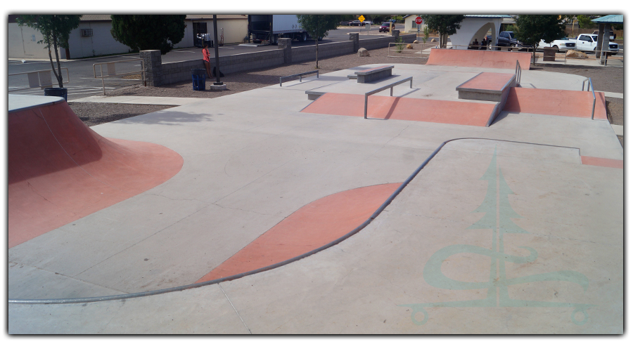 banked turn, ramps, rails and boxes at safford skatepark