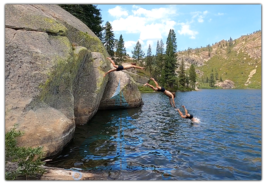 jumping into upper salmon lake in tahoe national forest