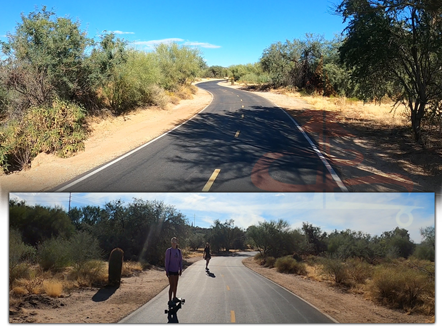 longboarding the curves on the paved path near tucson