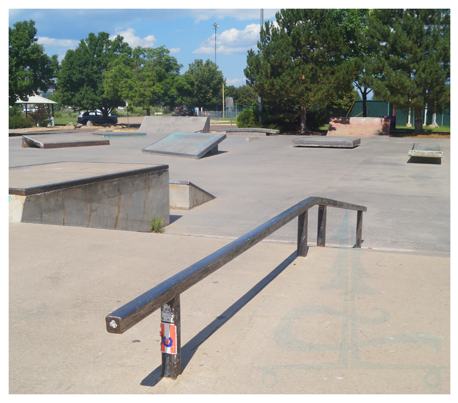 ramps, rails and boxes in the street section of broomfield skatepark