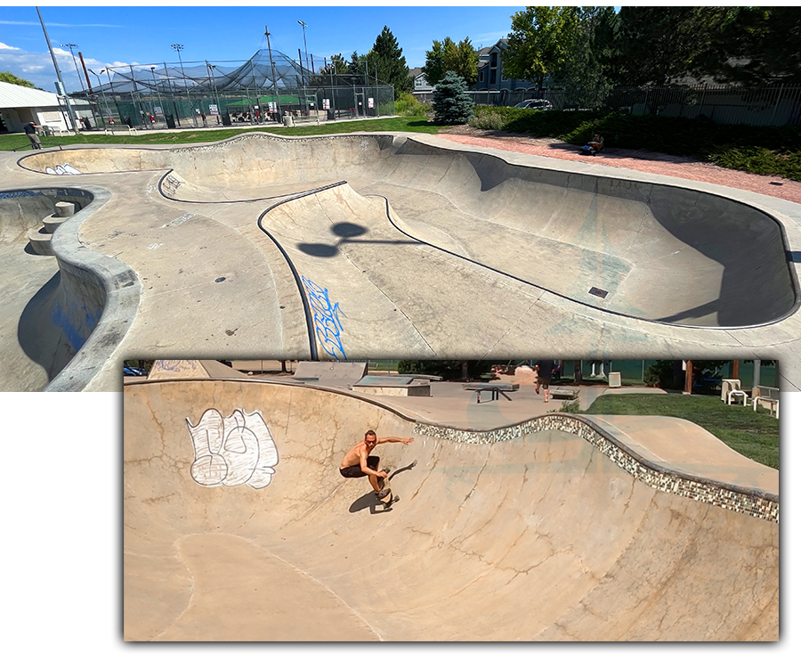 longboarding the large unique bowl at broomfield skatepark