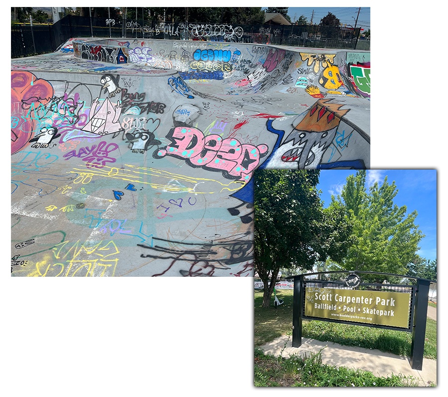 colorful graffiti in the bowl at scott carpenter skatepark