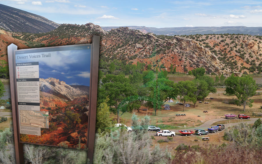 desert voices trail sign and campground at dinosaur national monument 
