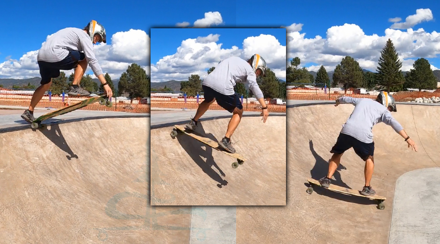 dropping into the bowl on a longboard