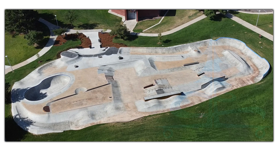 aerial view of the thomas slocum skatepark in thornton