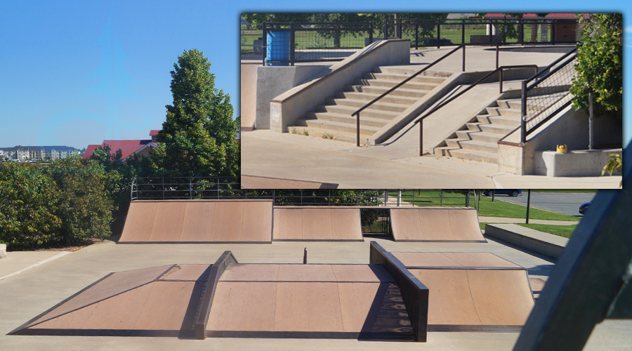 stair sets, rails and ramps in the street section of sports park skatepark