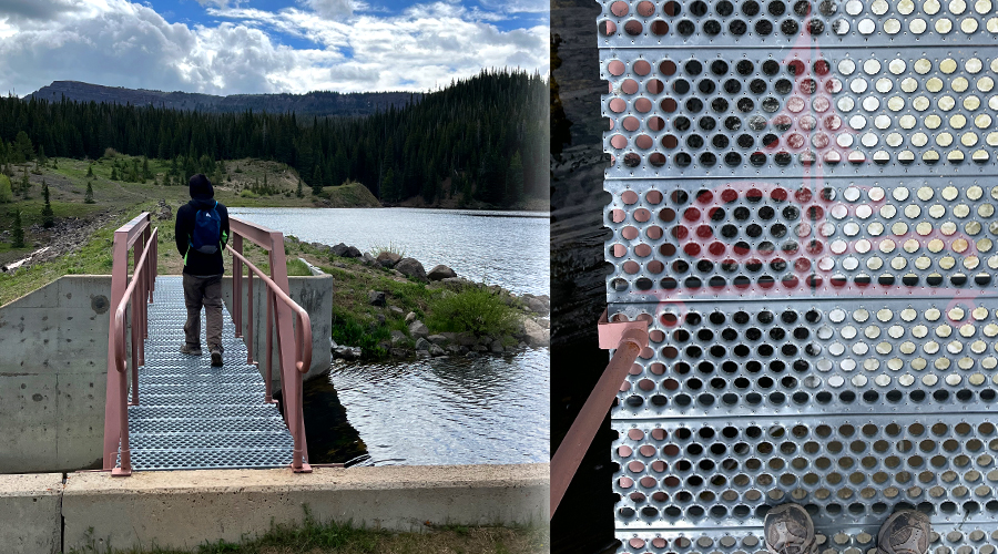 bridge over sheriffs reservoir spillway in flat tops wilderness