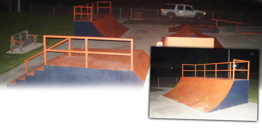 ramps, rails, boxes and stairs at log lane skatepark