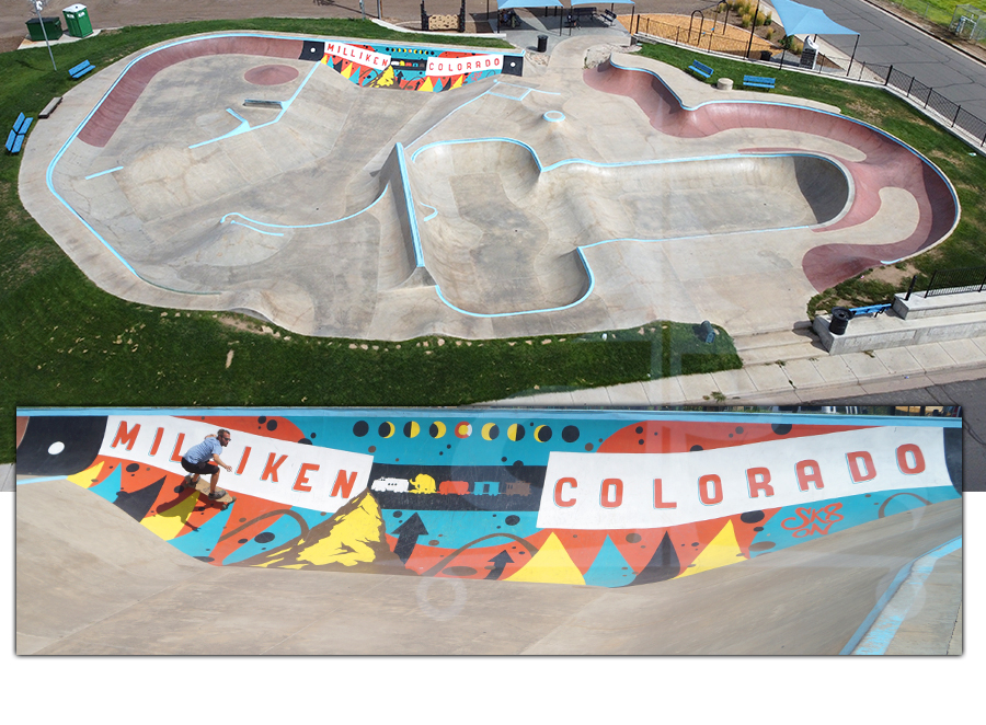 aerial view of the layout of milliken skatepark in colorado