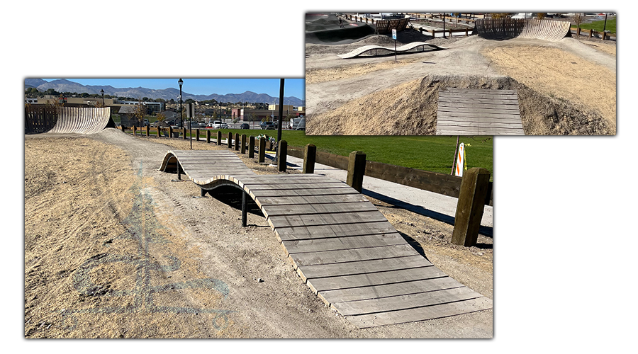 wooden obstacles at day ranch park bike park