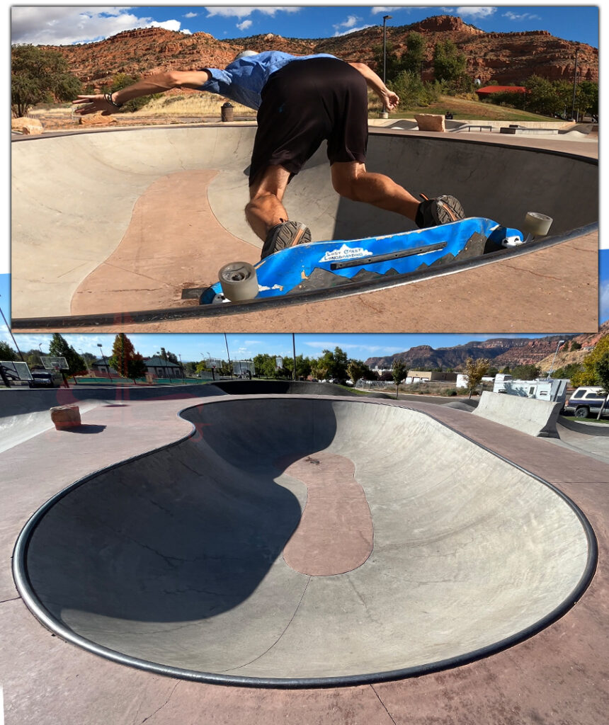 longboarding the bowl at the skatepark in kanab