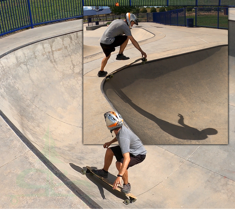 large pool bowl on longboard