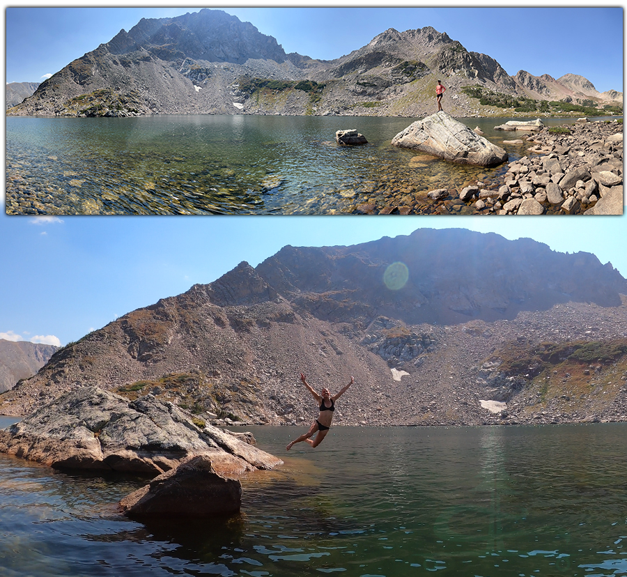 jumping into island lake in the rawah wilderness