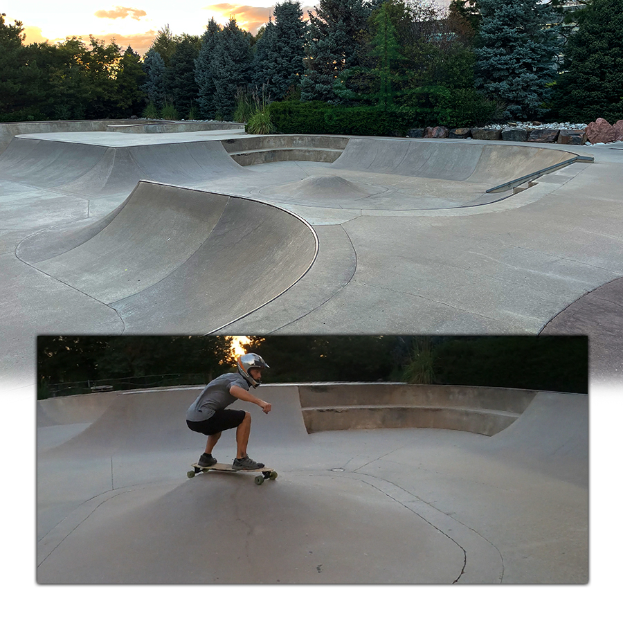 longboarding the rounded hump at the skatepark in greenwood village 