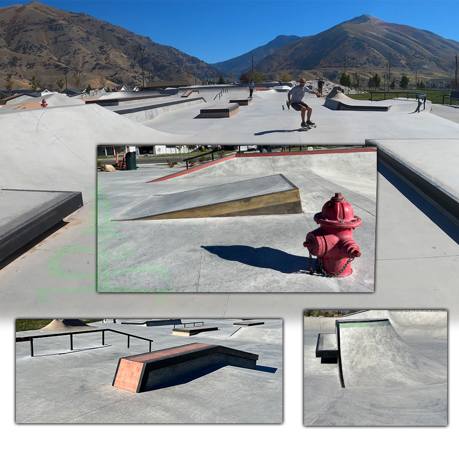 diverse obstacles in the street section of hyrum skatepark